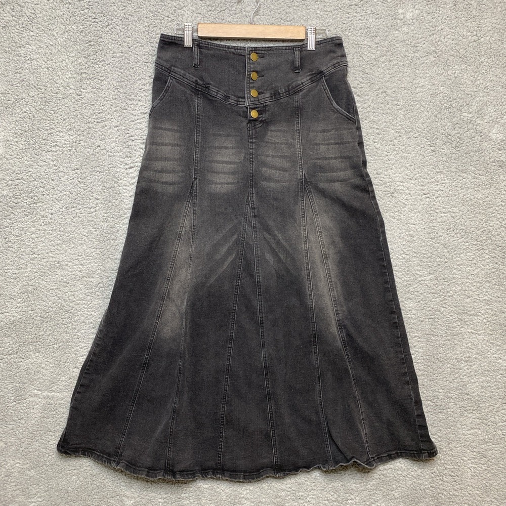 Chartou Skirt Women Sz L Black Denim Button-fly Long Retro A-line Faded Y2K 90s